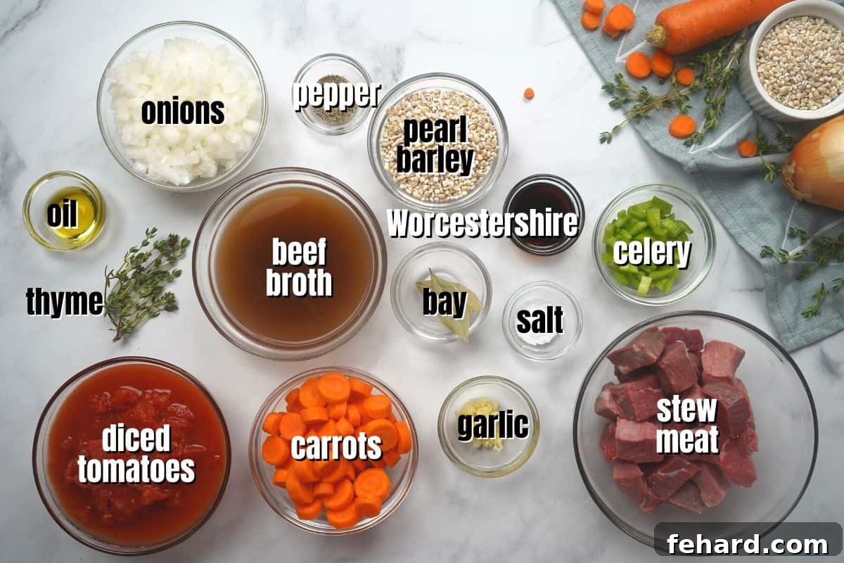 Essential ingredients for Beef and Barley Soup, including beef cubes, chopped vegetables, and seasoning, neatly arranged on a kitchen counter.