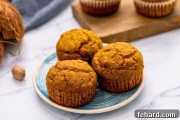 Three Healthy Pumpkin Muffins on blue plate with nutmeg and coconut in background.