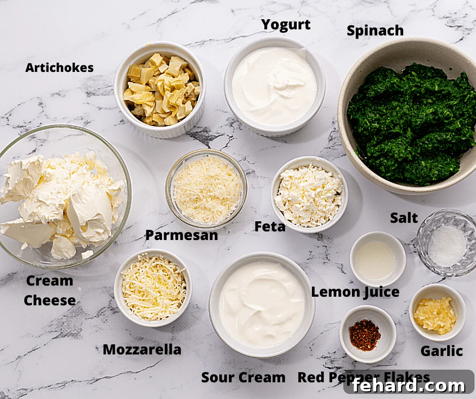 Ingredients for Healthy Spinach Artichoke Dip displayed on a counter.