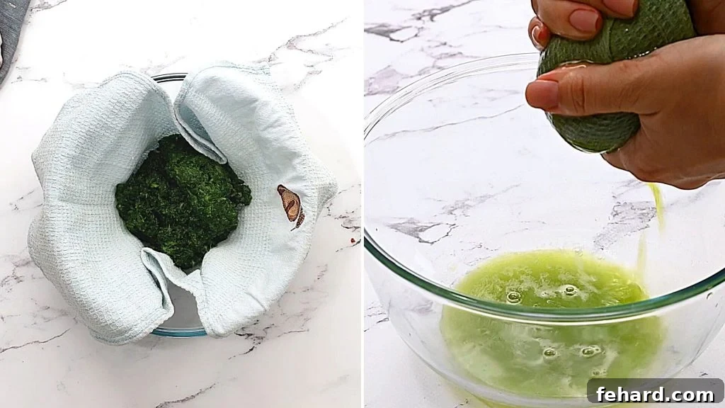 Side-by-side picture of spinach being squeezed dry to remove excess moisture.