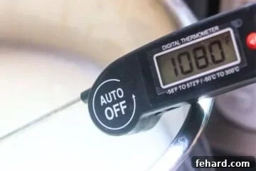 Thermometer inserted inside inner pot showing 108 degrees F for heated milk.