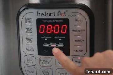 Showing 8:00 with normal heat lit up on Instant Pot for making yogurt.