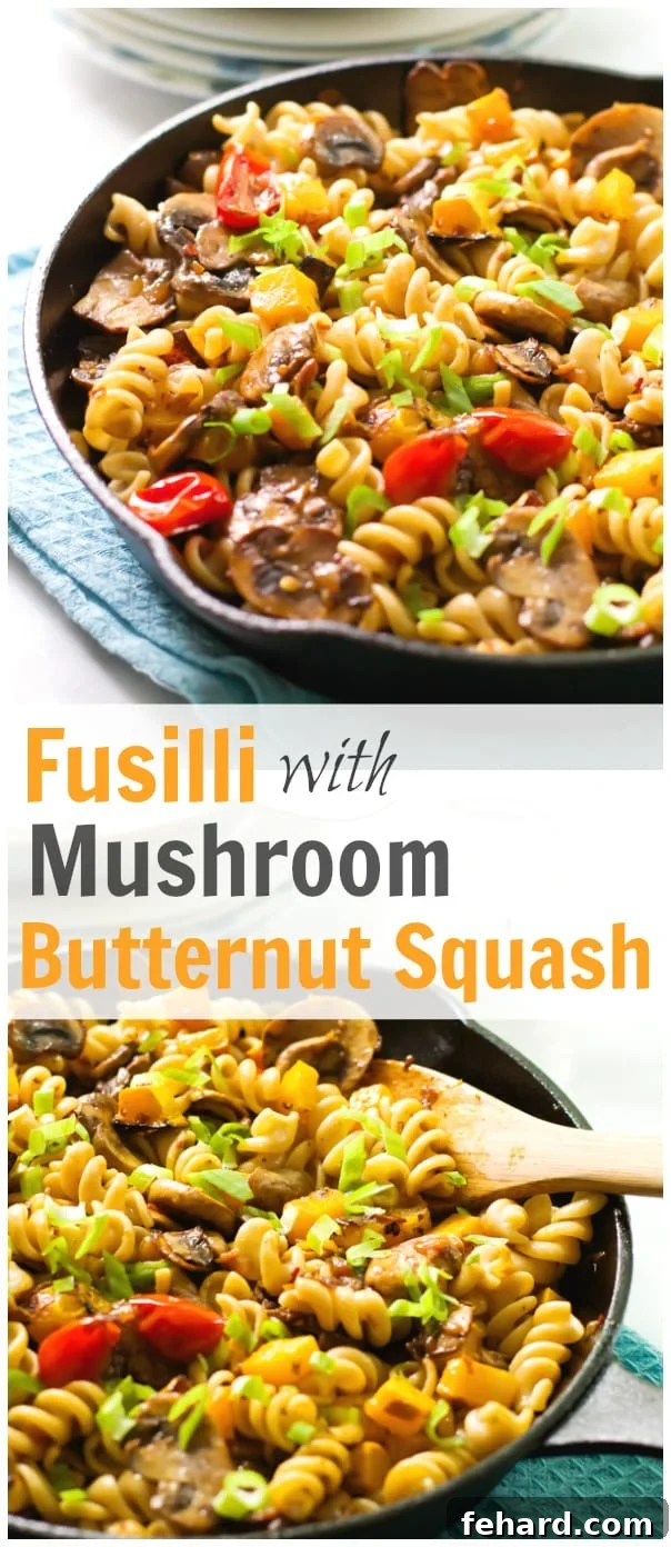 Fusilli with Mushroom Butternut Squash close-up in a bowl