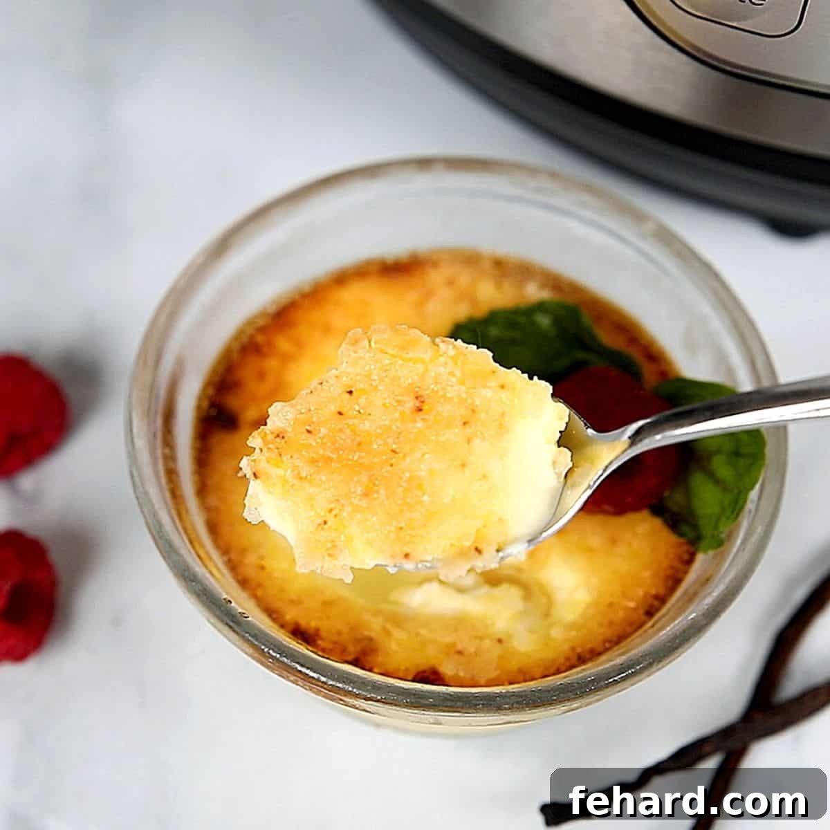 Savoring the satisfying crack of the perfect Creme Brulee topping. A spoon dishing out a delightful bite of freshly caramelized creme brulee, showcasing the crisp, amber sugar crust yielding to the creamy custard below.