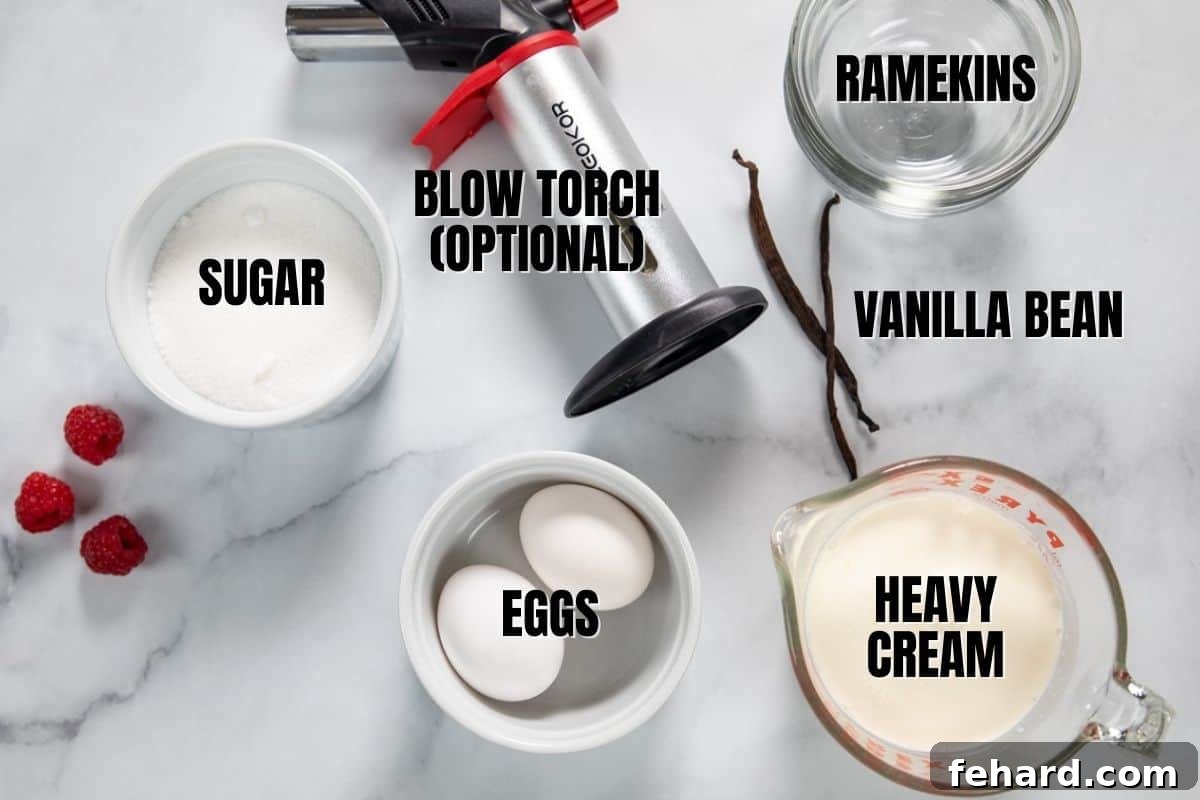 Gathering key ingredients and tools for making perfect Creme Brulee in the Instant Pot. All the necessary ingredients for creme brulee—egg yolks, heavy cream, vanilla bean, granulated sugar, and salt—meticulously arranged on a clean white countertop, ready for preparation.