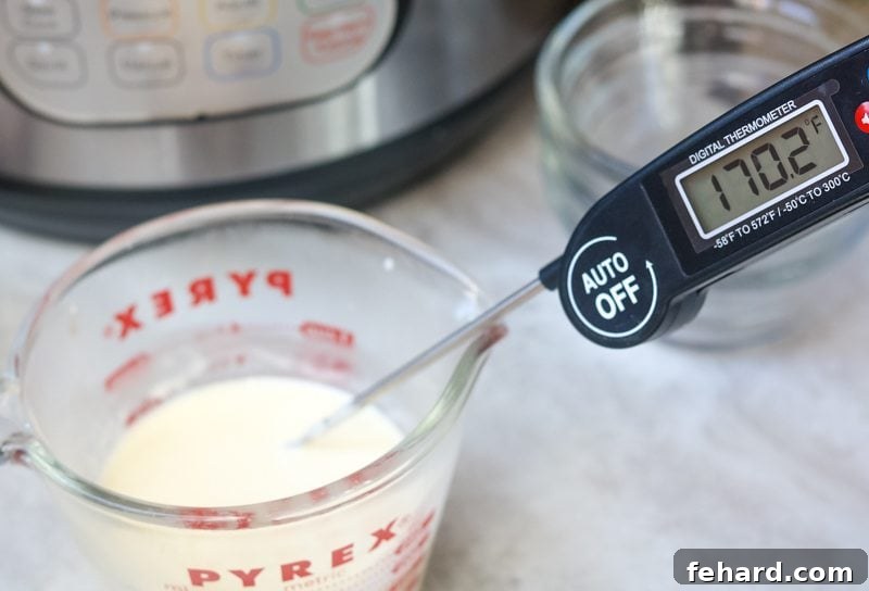 Ensuring the heavy cream reaches the perfect temperature for a smooth custard. A digital thermometer showing a reading of 170 degrees F, carefully inserted into a glass measuring cup filled with warm heavy cream.