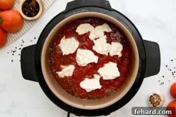 Stock, wine, seasonings and ziti noodles layered inside Instant Pot topped with tomato sauce and dollops of ricotta cheese.