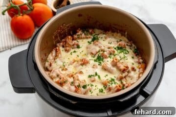 Pasta with tomato sauce, ricotta, and cheese pressure cooked together inside Instant Pot topped with parsley.