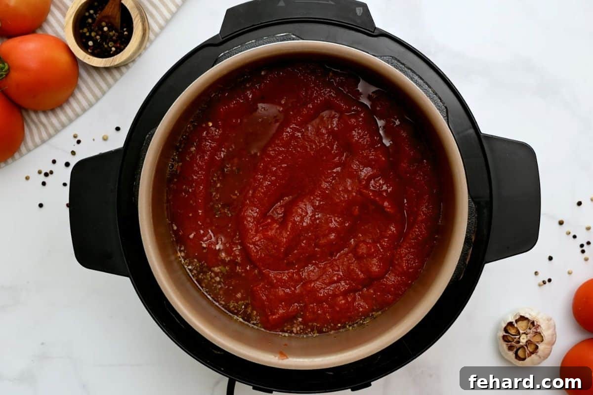 Stock, wine, seasonings, and ziti noodles layered inside Instant Pot, then topped with diced tomatoes and spaghetti sauce for cooking.