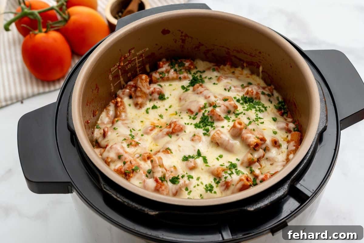 Pasta with tomato sauce, ricotta, and melted cheese, pressure cooked in an Instant Pot and topped with fresh parsley for garnish.