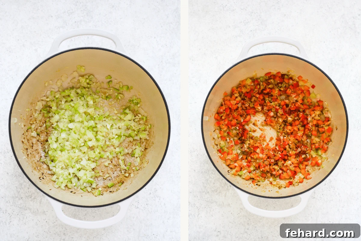 Hearty Sweet Potato and Pea Pasta Soup 4 Left: A close-up of diced onions, celery, and garlic sautéing in olive oil in a pot. Right: Diced bell pepper, tomato paste, and various seasonings added to the sautéed aromatics.