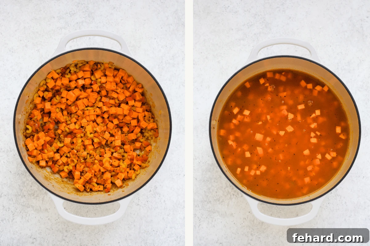 Hearty Sweet Potato and Pea Pasta Soup 5 Left: Diced sweet potato added to the pot with sautéed vegetables and seasonings. Right: Vegetable broth poured into the pot with all the ingredients, ready for simmering.
