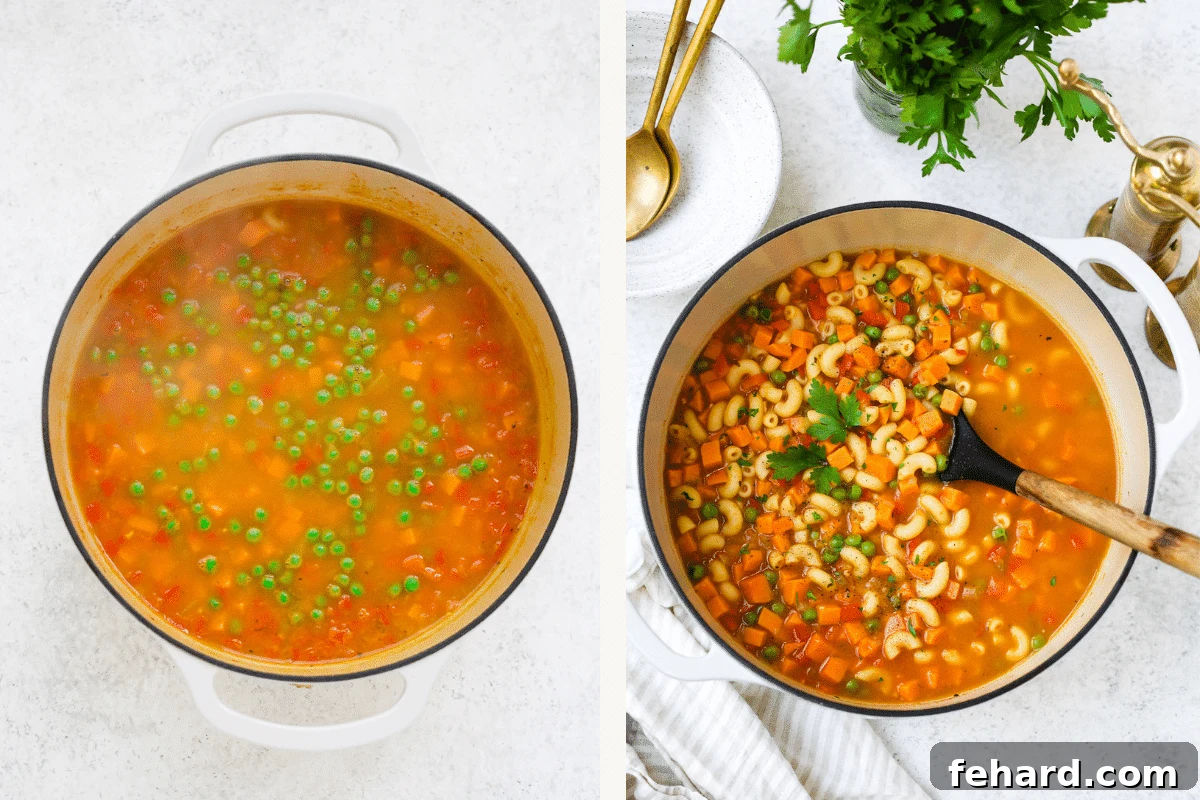 Hearty Sweet Potato and Pea Pasta Soup 6 Left: Green peas being added to the simmering pasta soup. Right: Small brown rice pasta added to the pot, ready to cook until tender.