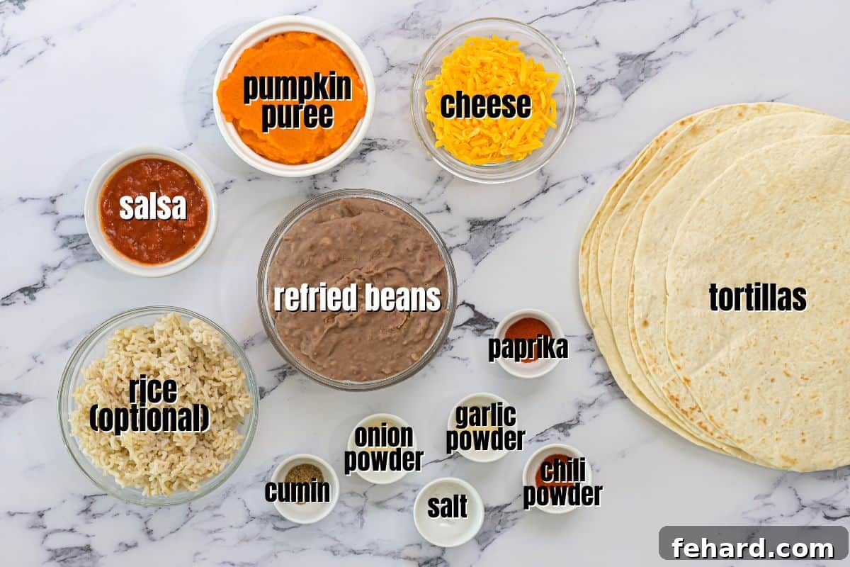Homemade Bean Burrito Recipe Various ingredients for refried bean burritos laid out on a kitchen counter: canned refried beans, pumpkin puree, spices, cooked rice, shredded cheese, and tortillas.