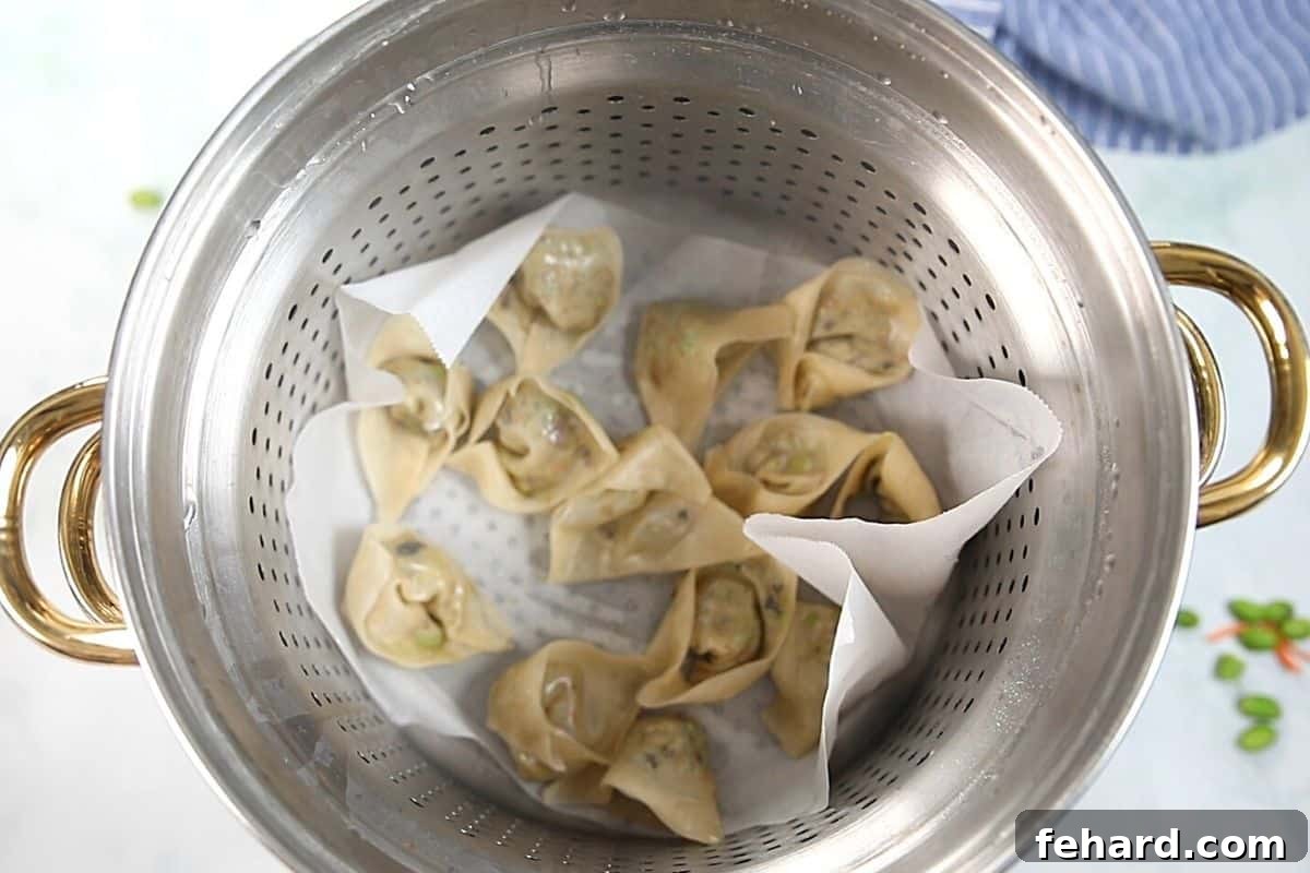 Freshly steamed vegetable potstickers neatly arranged in a metal steamer basket, ready to be served, highlighting their soft and tender appearance.