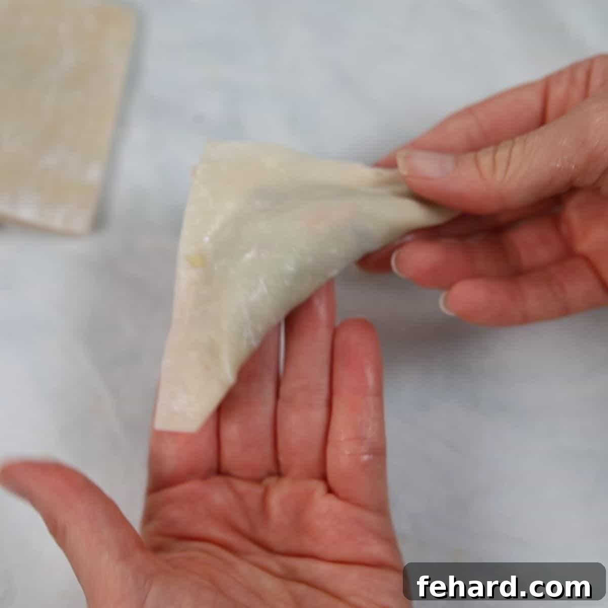Instant Pot Potstickers Holding shaped potsticker in hand.