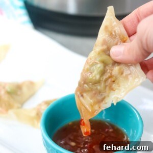 Dipping steamed wonton filled with vegetables in asian chili sauce