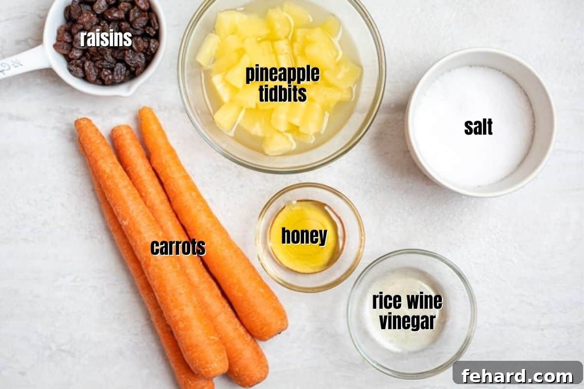 Labeled ingredients for Carrot Raisin Salad laid out on a kitchen counter, showcasing fresh carrots, raisins, pineapple tidbits, honey, and rice wine vinegar.