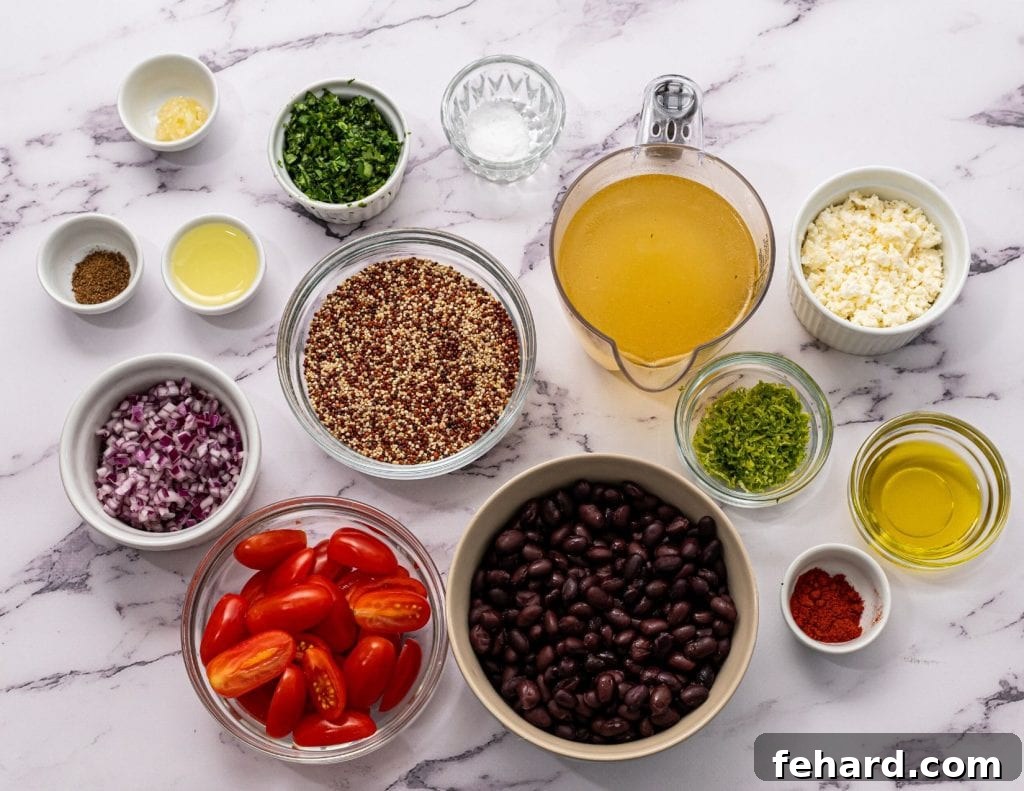 Mexican Quinoa Recipe Ingredients Ingredients for Mexican quinoa salad on white counter, including quinoa, tomatoes, black beans, red onion, and lime dressing components.