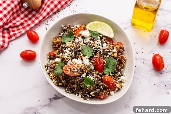 Southwestern Quinoa Salad Serving Vibrant Mexican Quinoa Salad in a white bowl, garnished with fresh cilantro and a lime wedge, ready to be served.