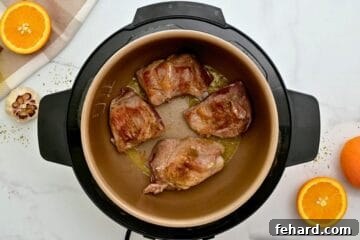 Seared chunks of pork roast inside the inner pot of an Instant Pot for carnitas.