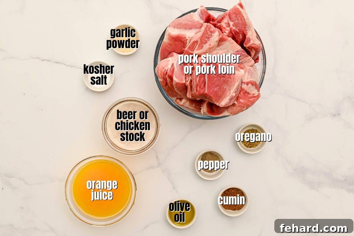 Instant Pot Carnitas recipe Ingredients for Instant Pot pork carnitas labeled on counter.