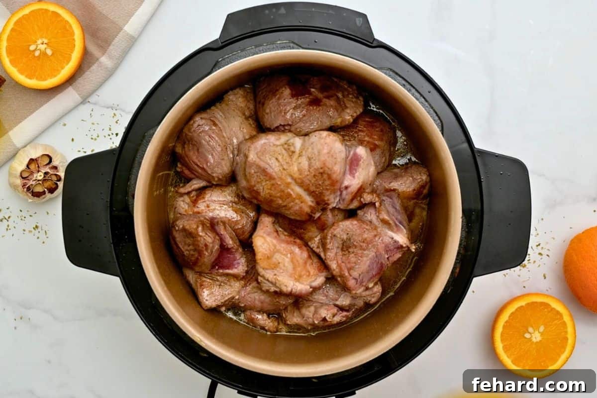 Pressure Cooker Carnitas Seared pork roast inside inner pot topped with orange juice, beer and seasonings to make Instant Pot Carnitas.