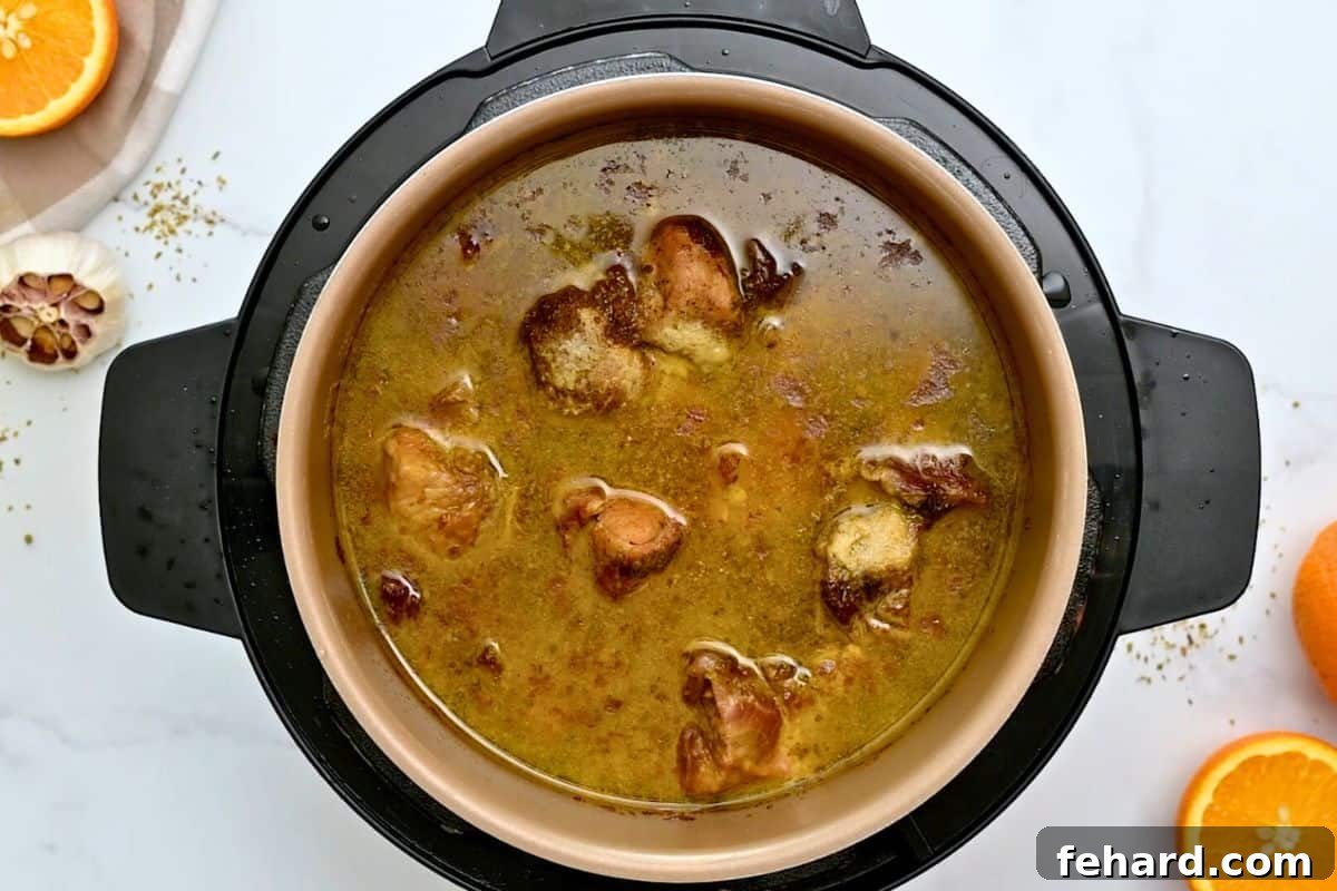Instant Pot Pork Tacos Pressure cooked pork roast in beer and orange juice inside inner pot.