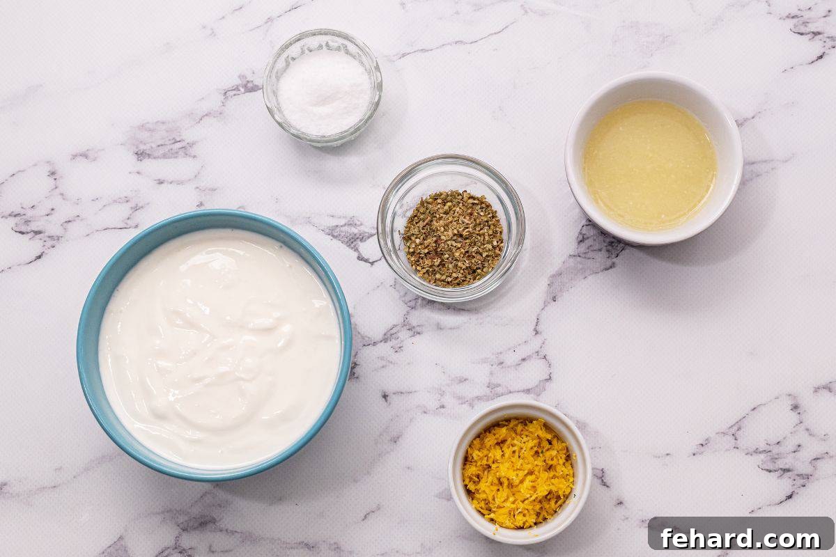 Ingredients for Greek marinade laid out on a kitchen counter.