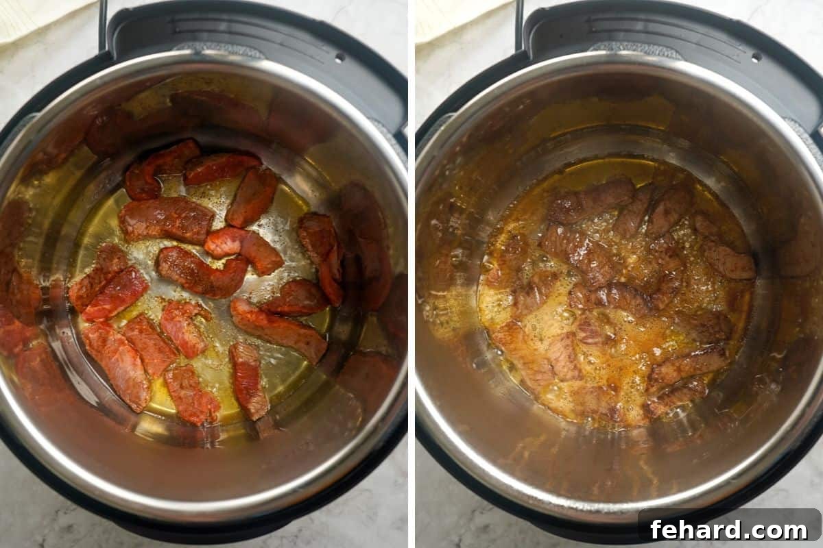 Side by side photo before and after searing steak in Instant Pot. Shows raw steak next to lightly browned steak.