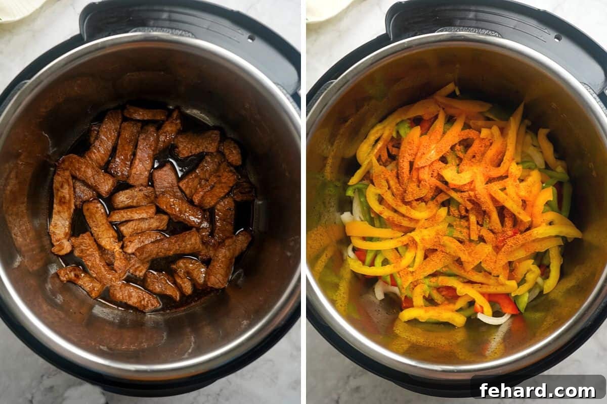 Side by side photo of seared steak in instant pot before and after topping with onions and peppers. Demonstrates layering technique.