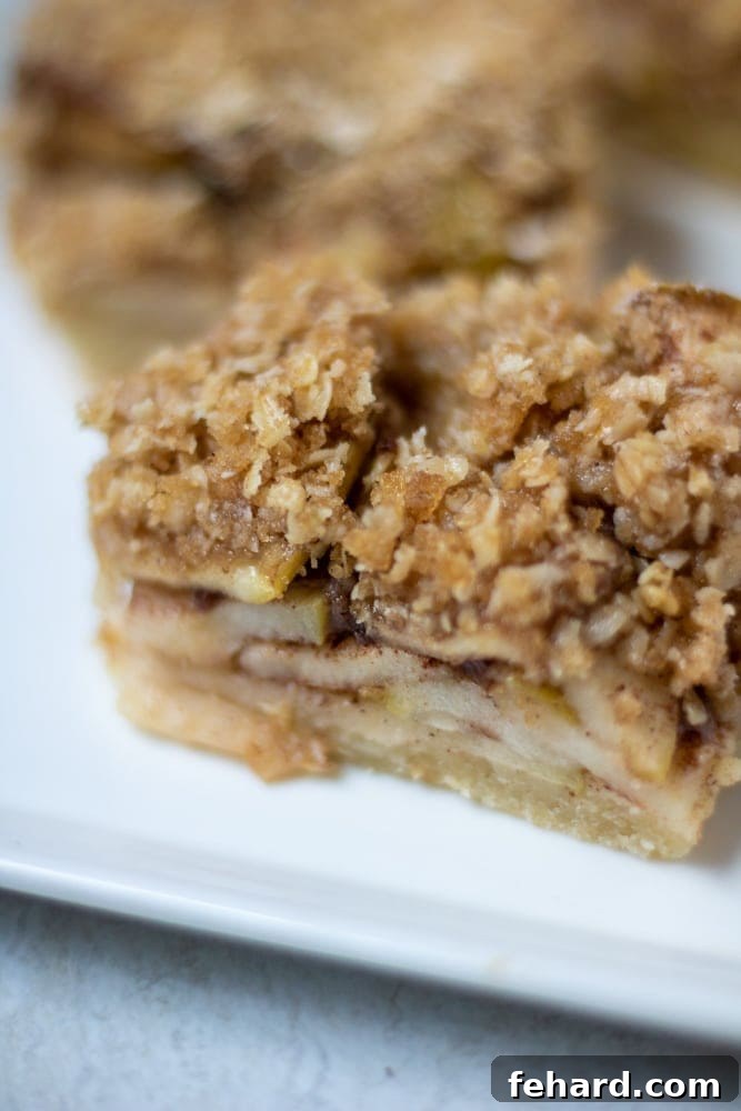 Close up of a perfectly baked Apple Crisp Bar, showing the layers of crust, apple, and oat crumble.