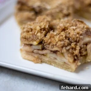 Close of of Apple Pie Bar with shortbread cookie crust and apple filling and oat crumble