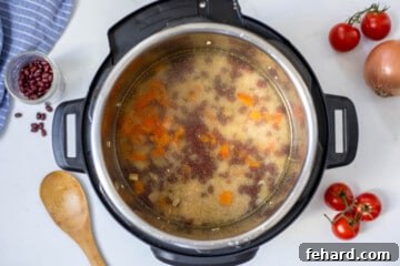 Top down view of rice and beans in inner pot before pressure cooking.