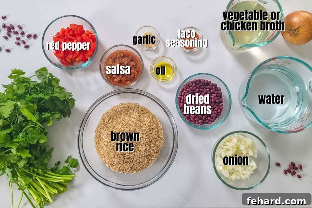 Ingredients for Rice and Beans labeled on counter.