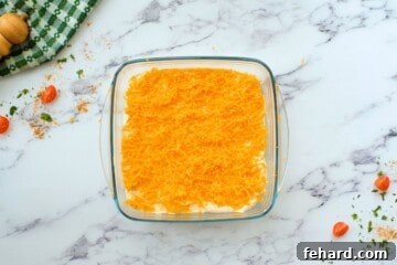Refried beans, cream cheese, and topped with shredded cheese, ready to bake.