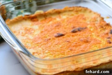 Baked taco dip with browned cheese in a glass pan, fresh out of the oven.