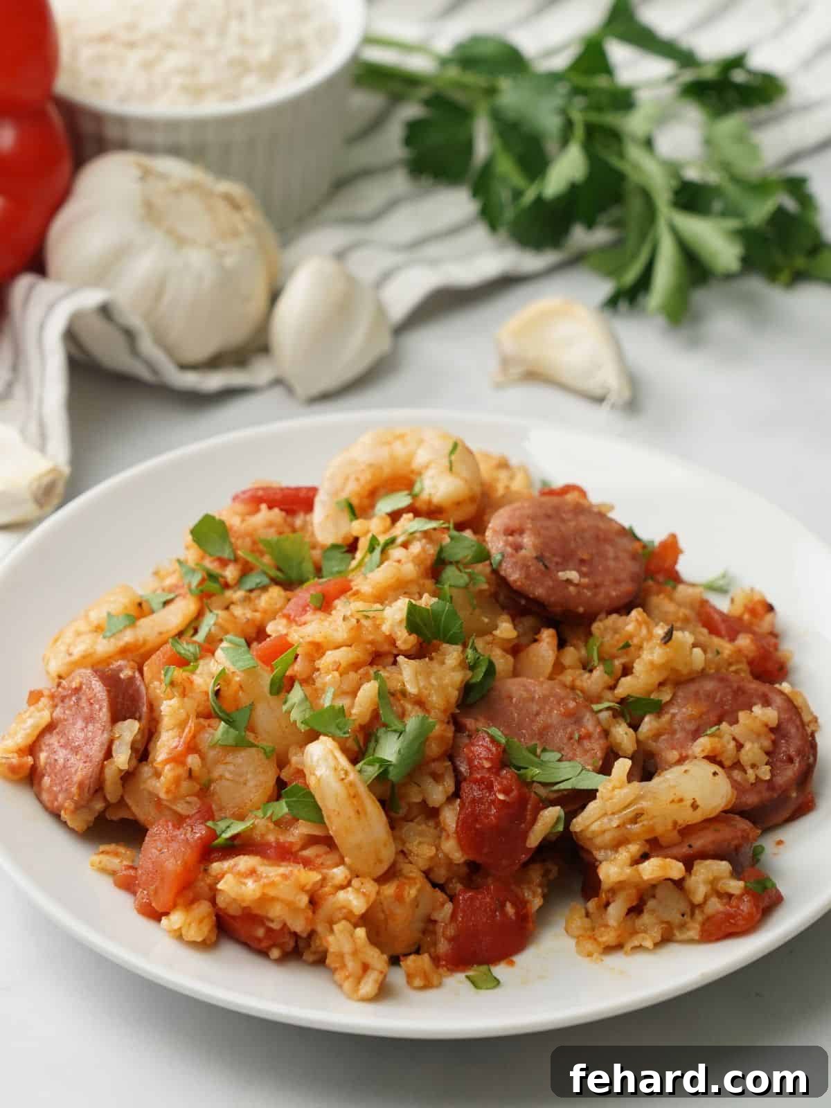 Instant Pot Jambalaya Recipe Instant Pot Jambalaya on white plate topped with parsley.