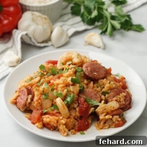 Instant Pot Jambalaya on white plate topped with parsley.