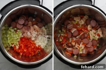 Side by side photo showing inner pot before and after sauteeing holy trinity with sausage and chicken.