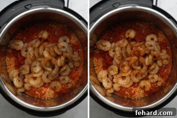 Side by side photo showing inner pot before and after letting the shrimp cook through.