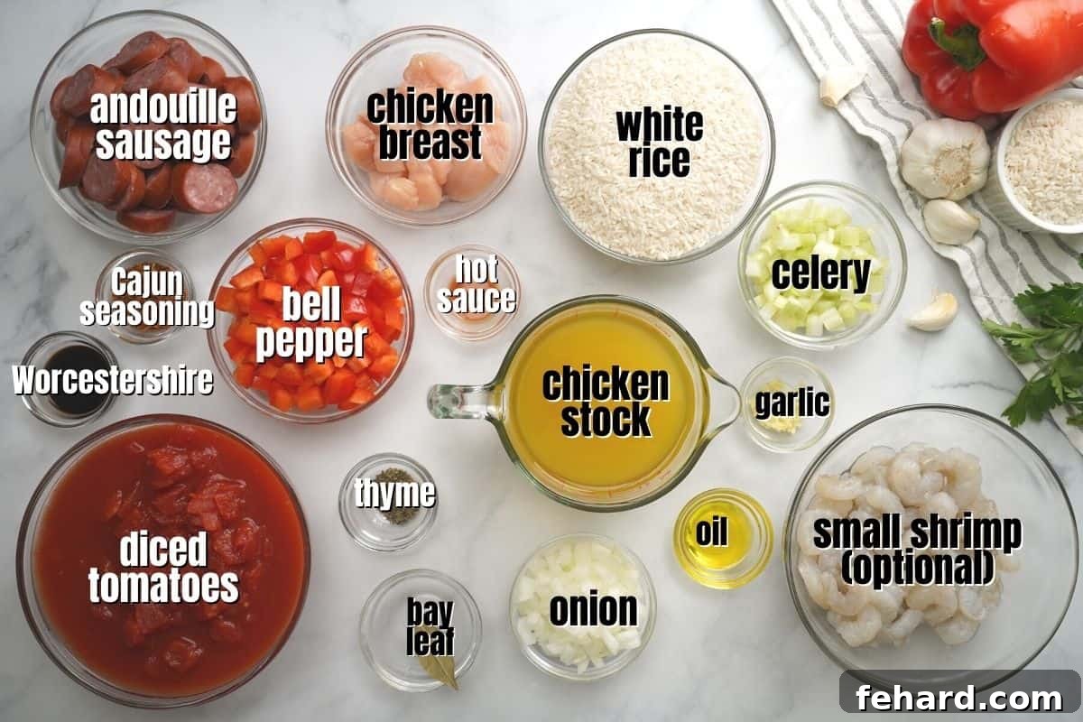 How to make Cajun Jambalaya in Instant Pot Ingredients for instant pot jambalaya labeled on counter.