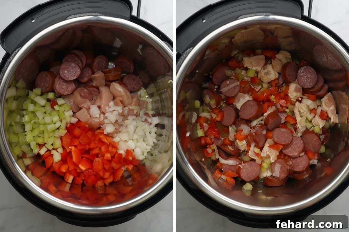 Instant Pot Chicken and Sausage Jambalaya Side by side photo showing inner pot before and after sauteeing holy trinity with sausage and chicken.
