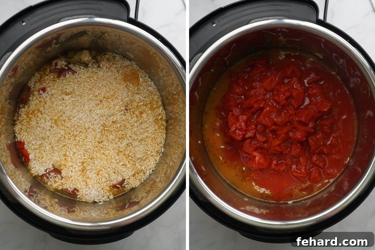 Instant Pot Jambalaya Recipe Side by side photo showing inner pot with ingredients for jambalaya before and after adding tomatoes.