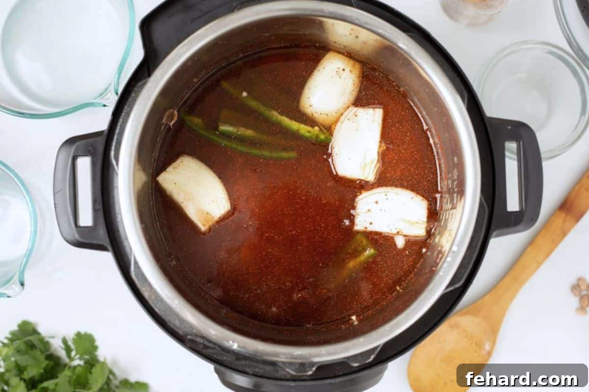 Dried pinto beans, seasonings, water, and broth are combined in the Instant Pot inner pot, ready for pressure cooking.