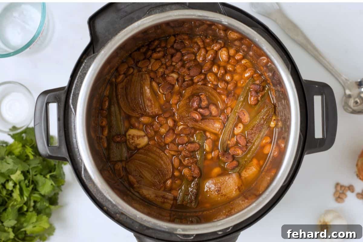 Cooked pinto beans in the Instant Pot inner pot after pressure release, before draining excess liquid.