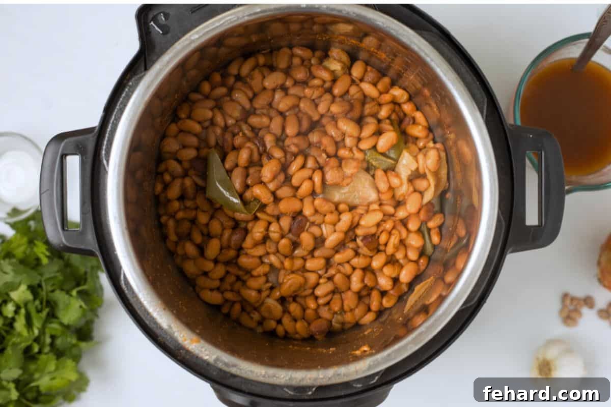 Cooked pinto beans returned to the Instant Pot inner pot after cooking liquid has been reserved and drained.
