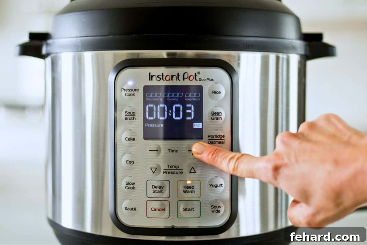 IP Water Test Using plus or minus buttons to adjust time on Instant Pot to 3 minutes on high pressure.