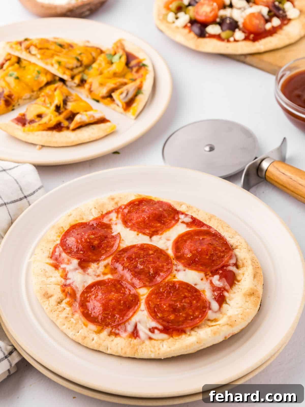 A variety of assembled and baked pita pizzas on white plates next to pizza cutter and fresh parsley, highlighting different flavor profiles.