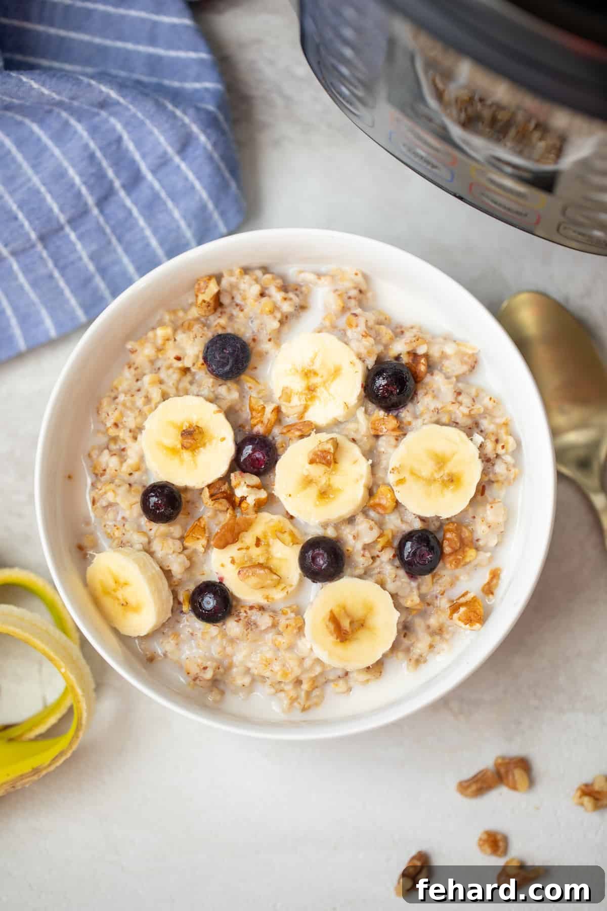 A vibrant bowl of Instant Pot Steel Cut Oats, beautifully topped with sliced banana, crunchy chopped nuts, and fresh blueberries, ready to be enjoyed.